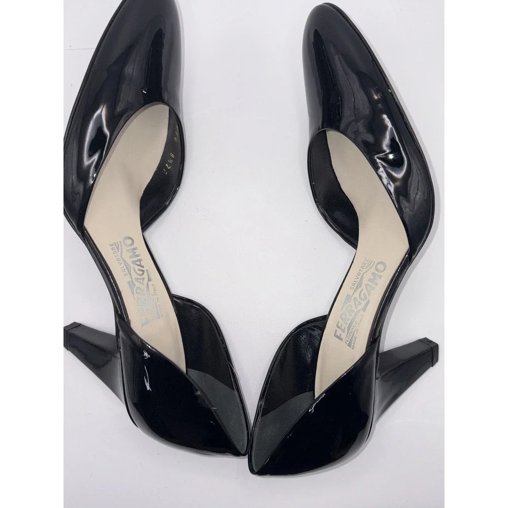 Salvatore Ferragamo Black Patent Leather D'Orsay Pumps 8.5 2A Made in Italy